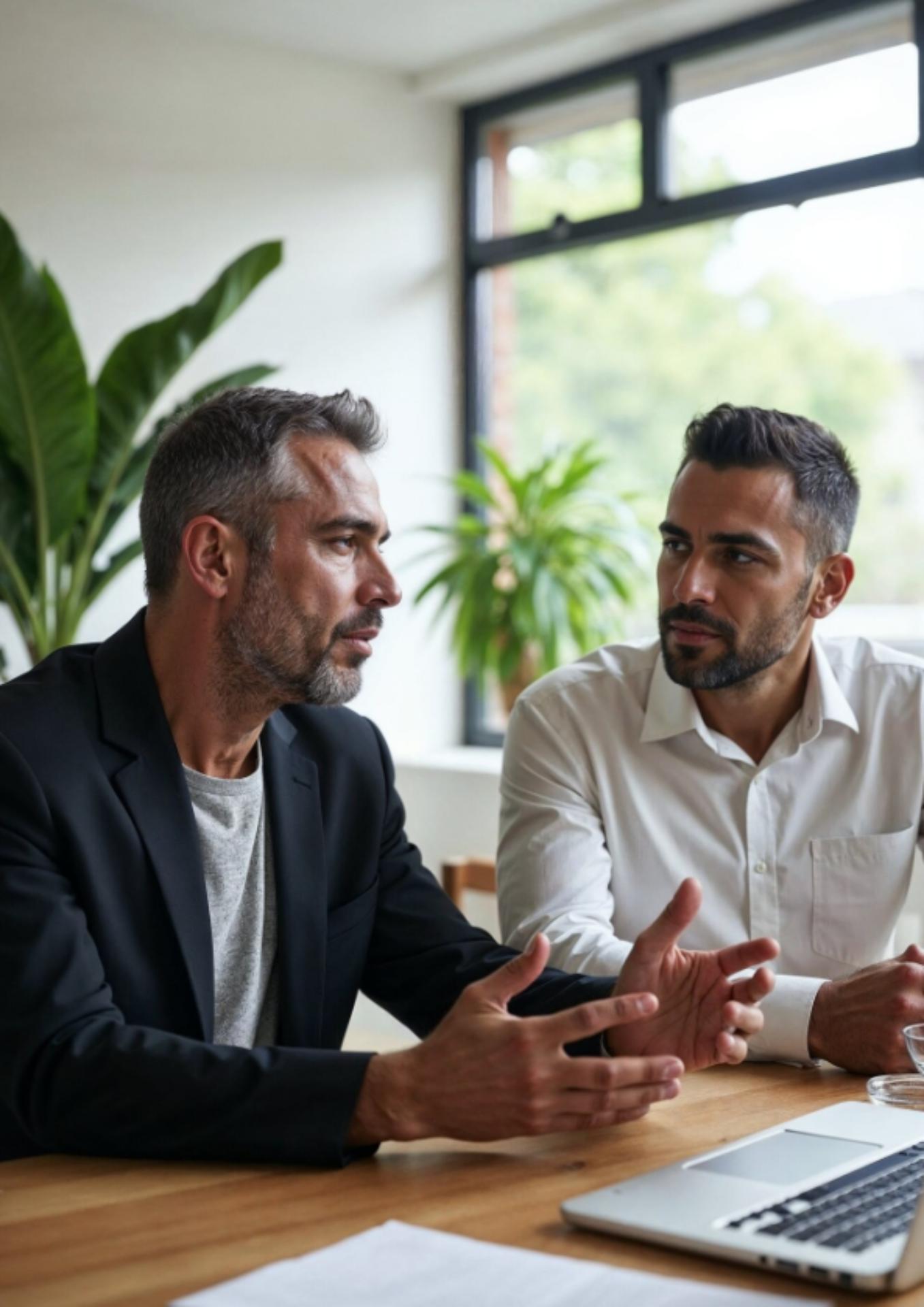 Twee consultants bespreken kostenoptimalisatie aan tafel met laptop